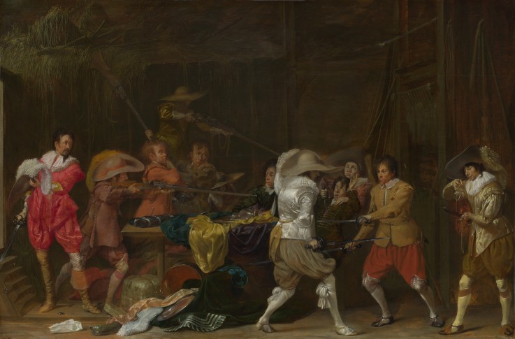 Soldiers fighting over Booty in a Barn a Willem Cornelisz Duyster