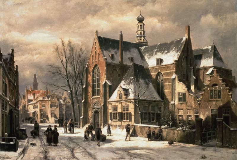 Winter scene at a church a Willem Koekkoek