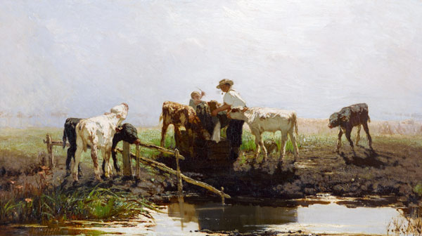 Calves at a trough a Willem Maris