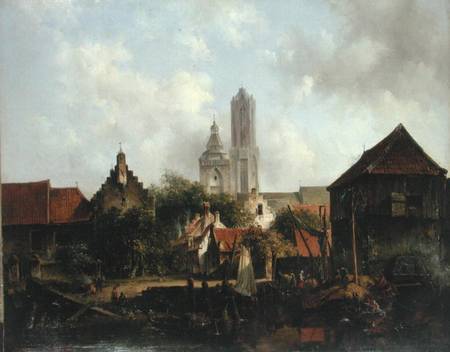 Canal Scene with Utrecht a Willem Roelofs