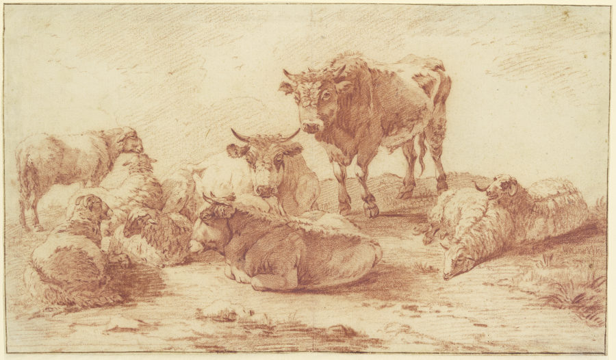 Gruppe von drei Ochsen und sechs Schafen a Willem Romeyn