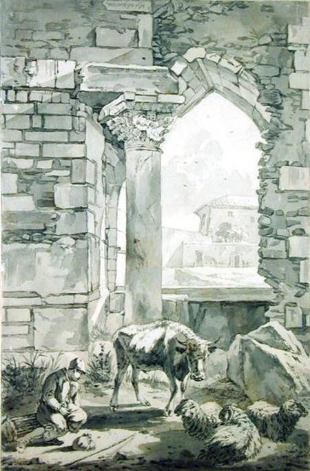 Shepherd with a cow and sheep in a ruin a Willem Romeyn