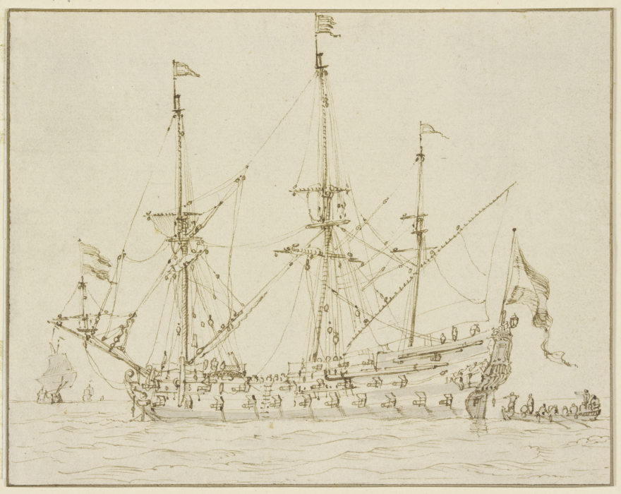 Ein Kriegsschiff mit herabgelassenen Segeln a Willem van de Velde d. J.