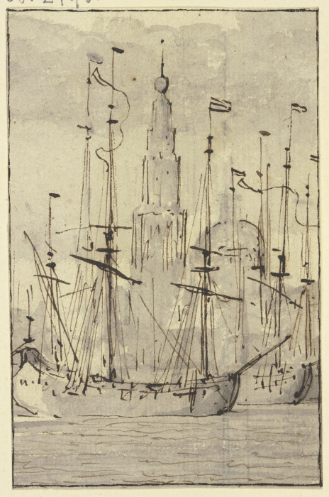 Schiffe, vor einer Kirche liegend a Willem van de Velde d. J.
