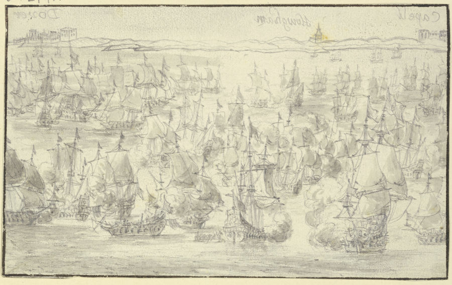 Seeschlacht, in der Ferne die englische Küste bei Dover, rechts zwei weitere Städte a Willem van de Velde d. J.