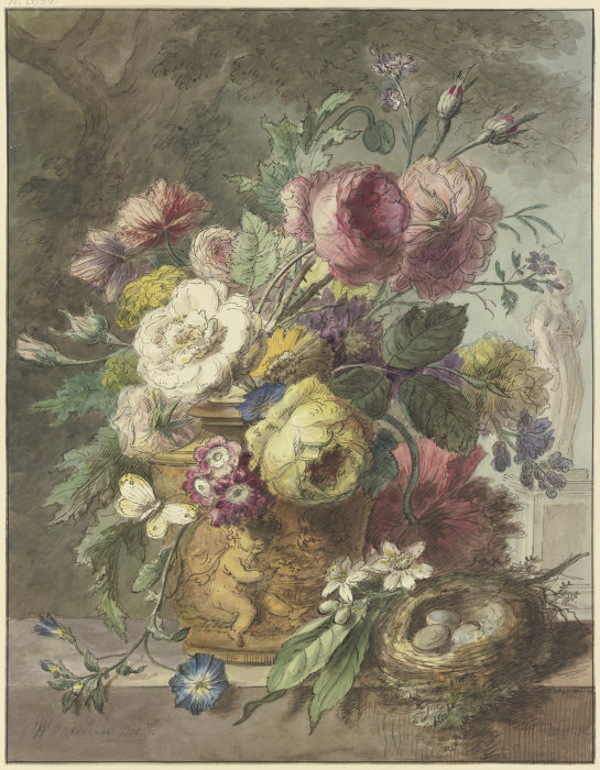 Blumenstrauß in einem figurativ mit einem Putto gestaltenen Topf, dabei ein Vogelnest, im Hintergrun a Willem van Leen