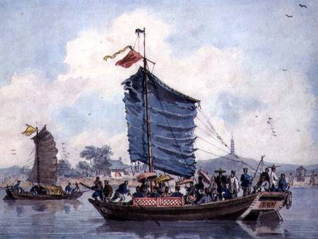 Chinese river scene with Junks under sail a William Alexander