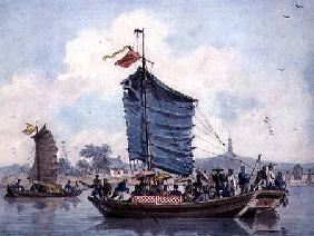 Chinese river scene with Junks under sail