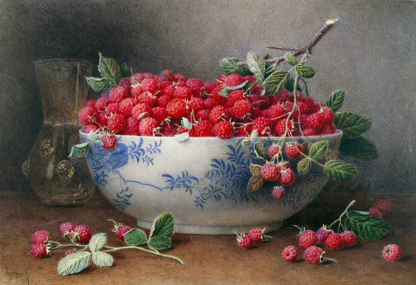 Still Life of Raspberries in a Blue and White Bowl a William B. Hough