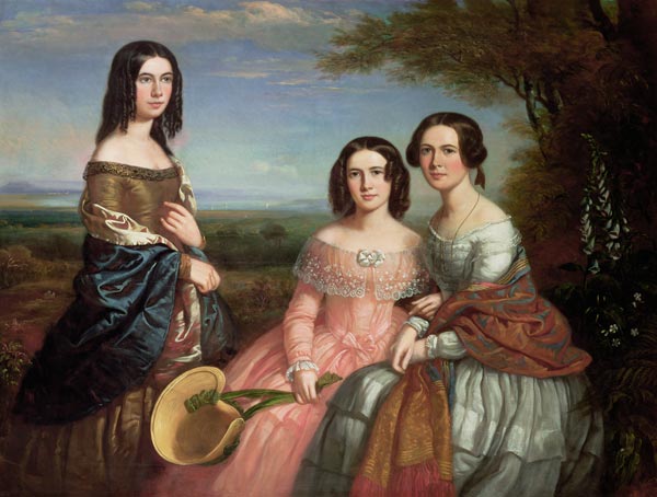 Group portrait of three girls in a landscape a William Baker