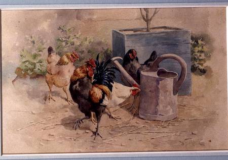 Chickens by a Watering Can (w/c with bodycolour on paper) a William Baptiste Baird