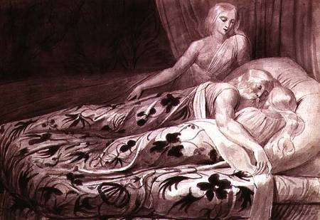 Har and Heva sleeping, with Mnetha looking on, one of twelve illustrations from 'Tiriel' a William Blake