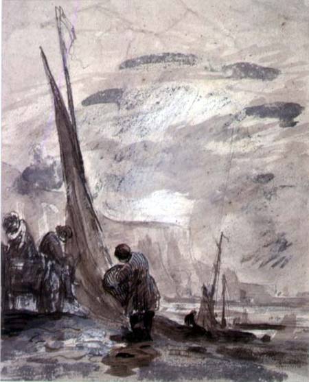 Figures with Cart and Boats on the shore, near cliffs a William Collins
