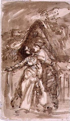 Sketch of a Man embracing a Woman at a Cottage Gate
