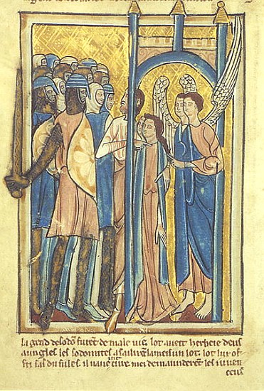 Lot offering his daughters to the inhabitants of Sodom, from a book of Bible Pictures, c.1250 a William de Brailes