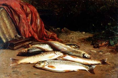 Brown trout on a river bank a William Geddes