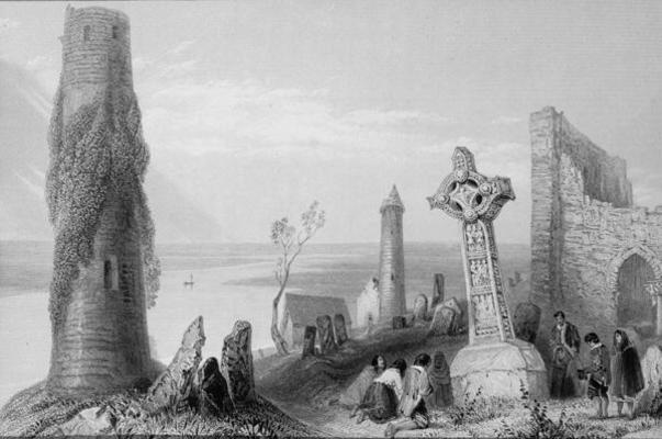 The Ancient Cross and Round Tower at Clonmacnois, County Offaly, Ireland, from 'Scenery and Antiquit a William Henry Bartlett