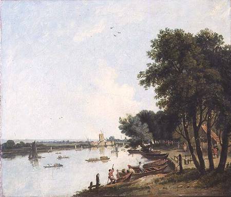 A View of the Thames at Chelsea with the Post Mill at Nine Elms beyond a William Hodges