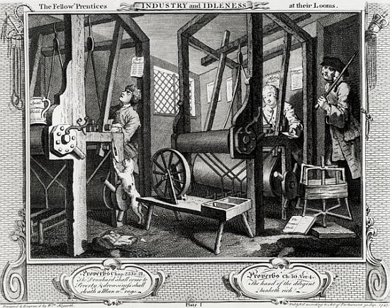 Industry and Idleness, The Fellow''Prentices at their Looms, plate 1 a William Hogarth