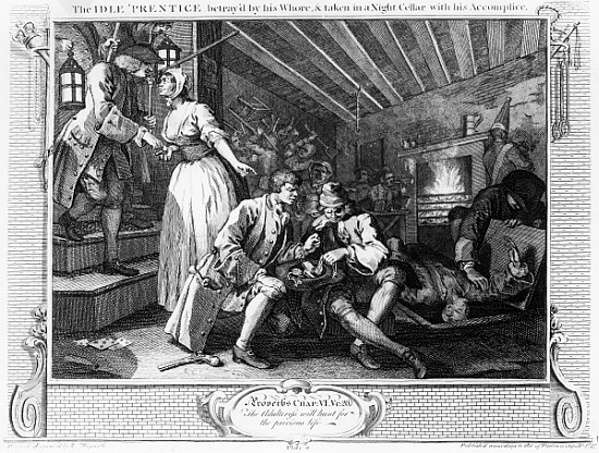 The Idle ''Prentice Betrayed by a Prostitute, plate IX of ''Industry and Idleness'' a William Hogarth