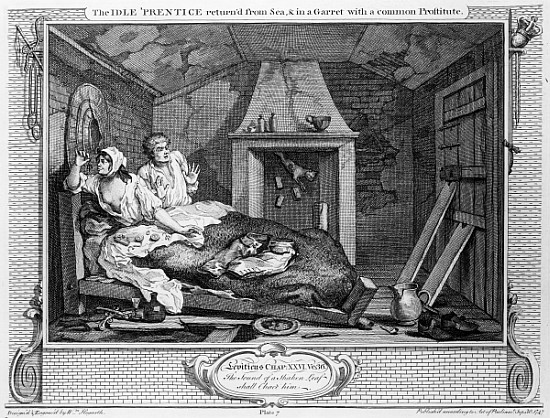 The Idle ''Prentice Returned from Sea, and in a Garret with a common Prostitute'', plate VII of ''In a William Hogarth