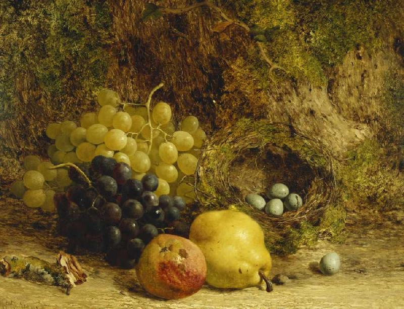 Trauben, ein Apfel, eine Birne und ein Vogelnest auf Moos a William Hughes