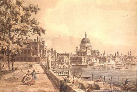 A copy of part of a drawing by Canaletto, of St. Paul's Cathedral from the Terrace of Somerset House a William James