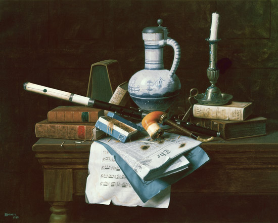 Quiet life with flute, pipe, books and other utensils a William Michael Harnett