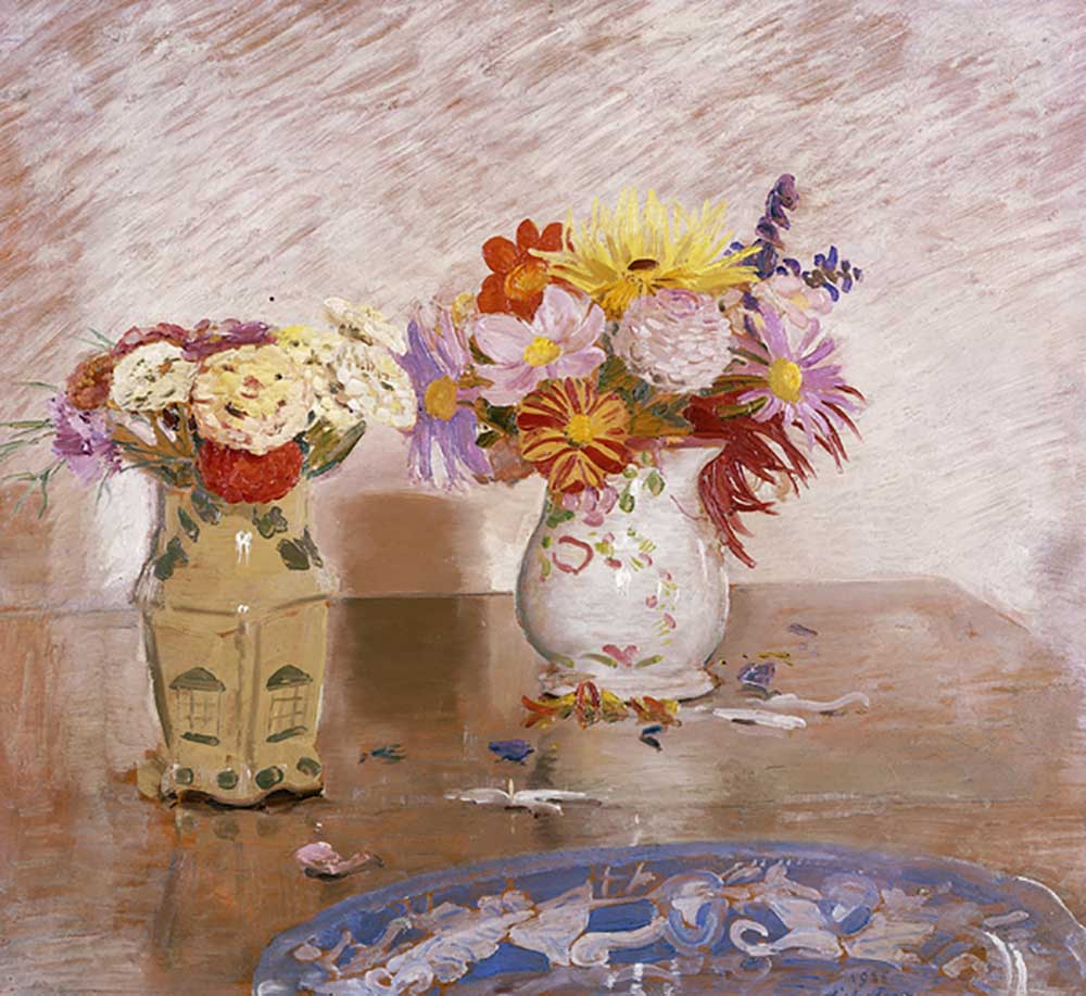 Two Vases of Flowers and a Blue Plate, 1925 a William Nicholson