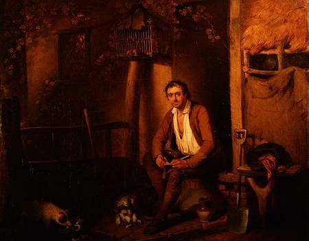 Cottage exterior with seated labourer a William Redmore Bigg