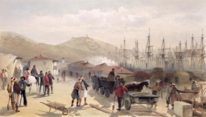 The Railway at Balaklava, plate from 'The Seat of War in the East', 1856 (colour litho) a William Simpson