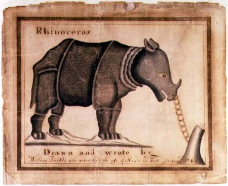 'Rhinoceros, drawn and wrote by William Twiddy who never had the use of hands or feet' a William Twiddy