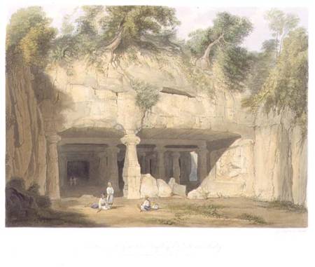 Exterior of the Great Cave Temple of Elephanta, near Bombay, in 1803, from Volume II of 'Scenery, Co a William Westall