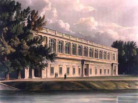 Exterior of Trinity Library from St. John's Gardens, Cambridge, from 'The History of Cambridge', eng a William Westall