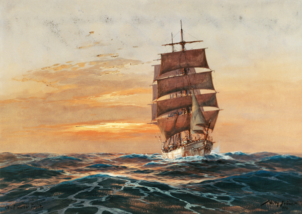 Vollschiff vor untergehende Sonne a Willy Stöwer