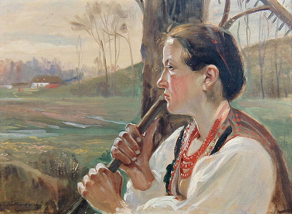 Girl with Rake, c.1914 (oil on board)  a Wincenty Wodzinowsky