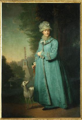 Catherine II strolling in the park at Tsarskoye Selo with the Chesme Column in the background