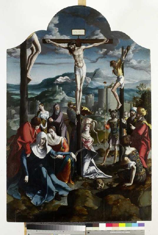 Triptychon mit der Kreuzigung Christi, Heiligen und Stifterfamilie. Mitteltafel: Kreuzigung Christi. a Wojciech Styka