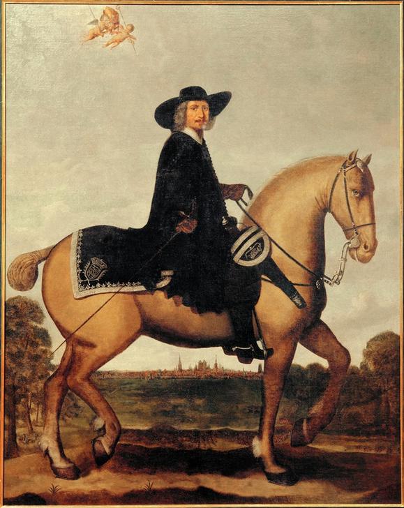 Christoph Bernhard von Galen zu Pferde vor der Silhouette M a Wolfgang Heimbach