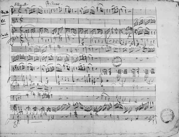 Ms.222 fol.6 Trio, in E flat major ''Kegelstatt'' for piano, clarinet, violin and viola (K 498) 1786 a Wolfgang Amadeus Mozart