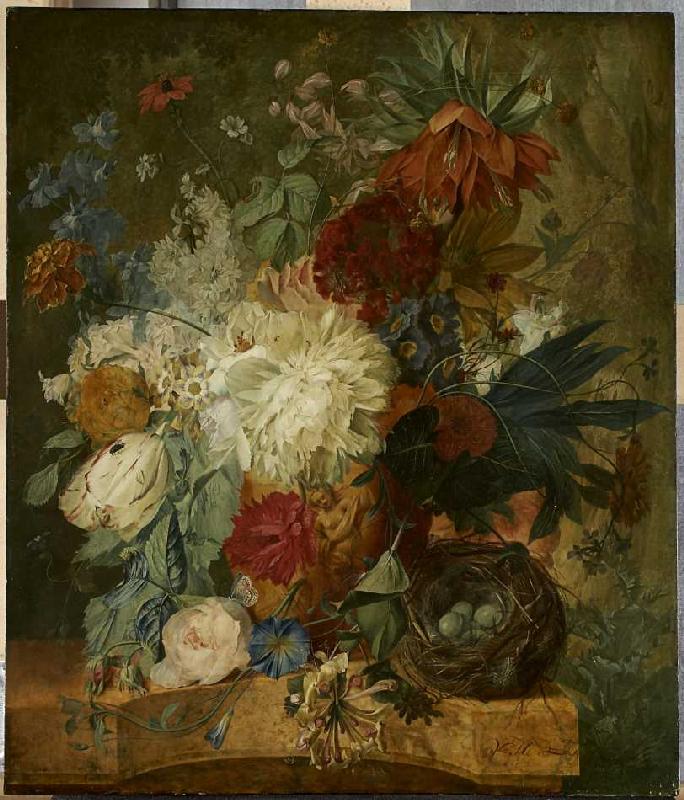 Stillleben mit Blumenstrauß und Vogelnest. a Wybrand Hendriks