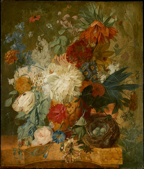 Still Life with Bouquet of Flowers and Birds Nest a Wybrand Hendriks