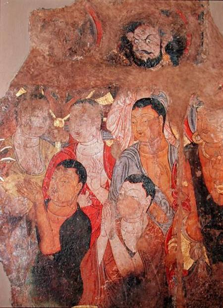 Group of monks and Buddha, from the Shikshin Monastery, Karashar a Xingjiang