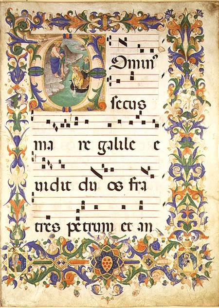 Missal 515 f.1r Page of choral music with an historiated initial 'O' depicting The Calling of St. Pe a Zanobi di Benedetto Strozzi